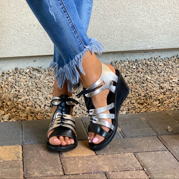 Distressed Leather Lace Up Kitten Wedge Sandal - Picture 10 of 12